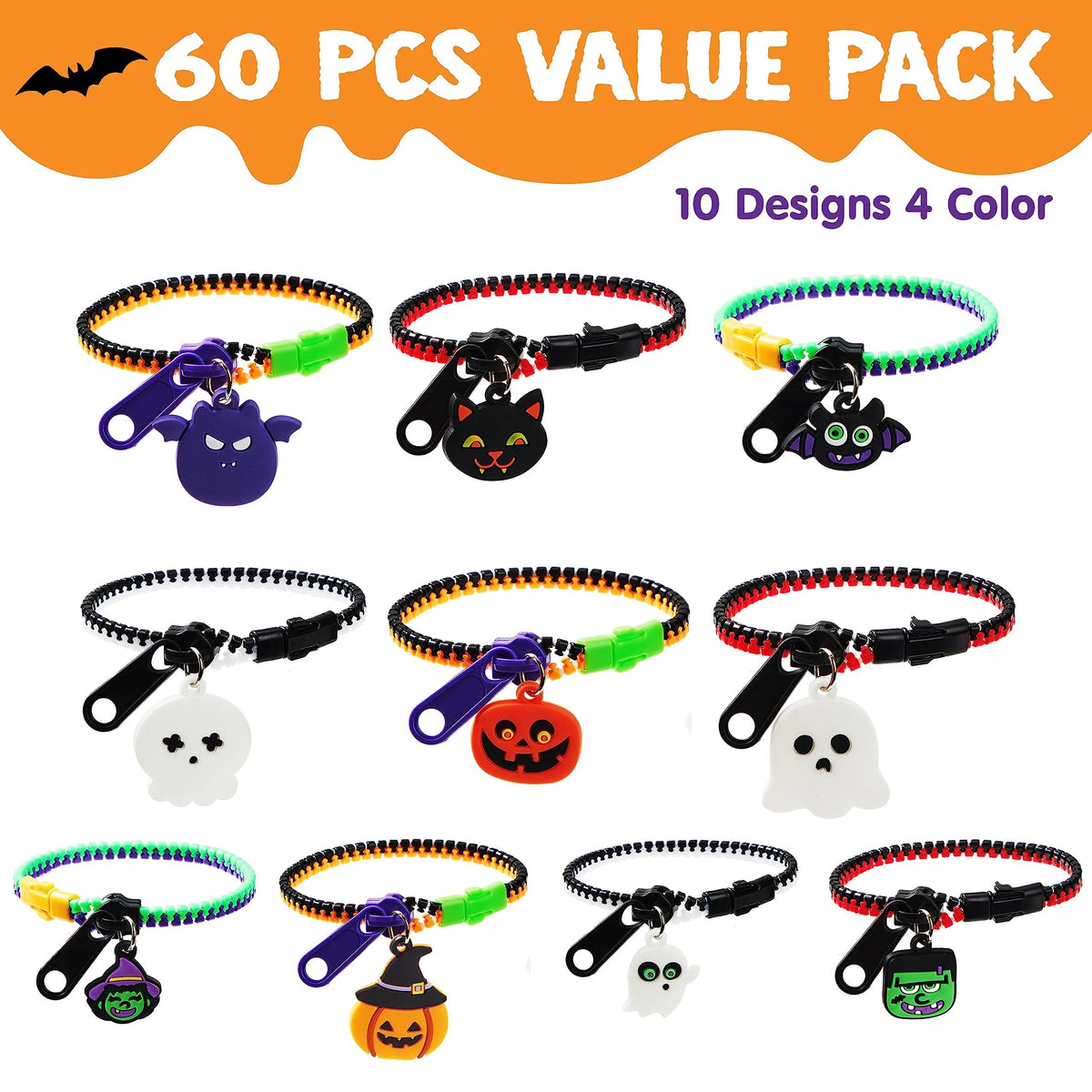 60 PCS Halloween Zipper Bracelets Bulk Set - Zipper Wristbands Party Favors for Kids