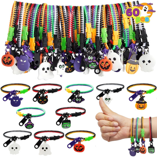 60 PCS Halloween Zipper Bracelets Bulk Set - Zipper Wristbands Party Favors for Kids