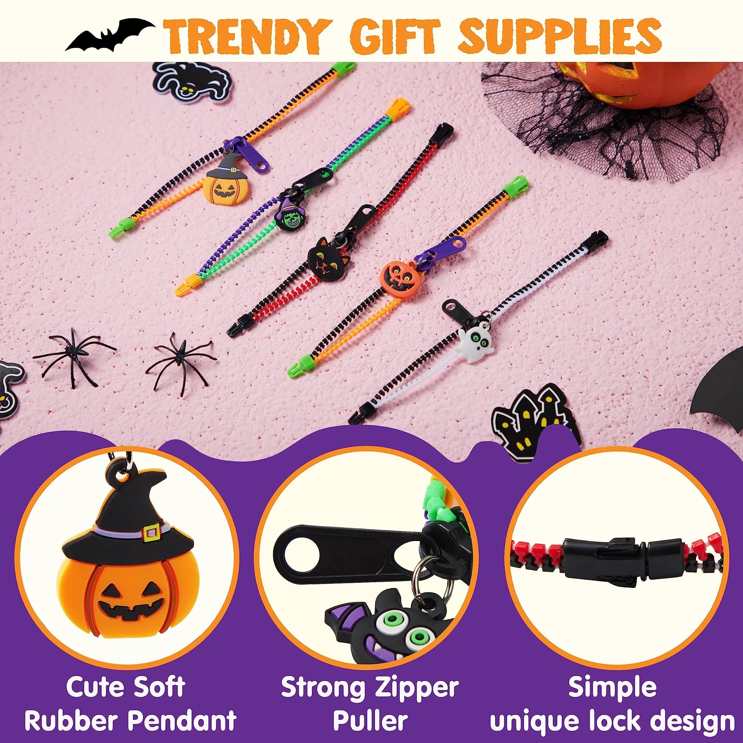 60 PCS Halloween Zipper Bracelets Bulk Set - Zipper Wristbands Party Favors for Kids
