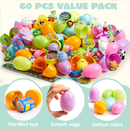 60 Prefilled Pastel Eggs with Assorted Toys for Easter Egg Hunt