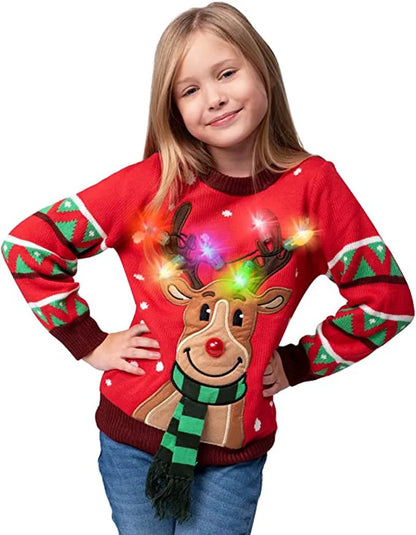 Kids Red LED Light-Up Reindeer Christmas Sweater