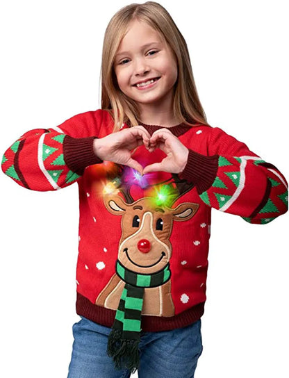 Kids Red LED Light-Up Reindeer Christmas Sweater