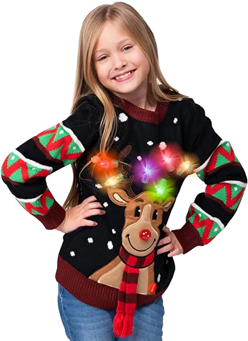 Kids' Reindeer Ugly Christmas Sweater - Black with Light Bulbs