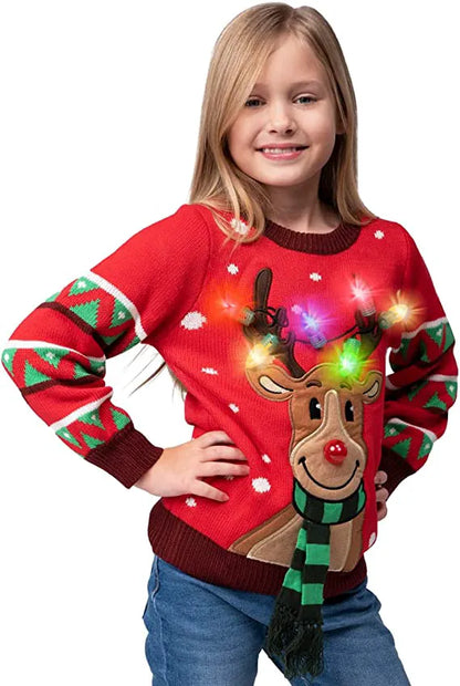 Kids Red LED Light-Up Reindeer Christmas Sweater