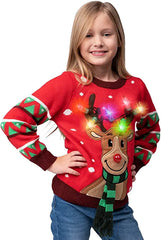 Kids Red LED Light-Up Reindeer Christmas Sweater