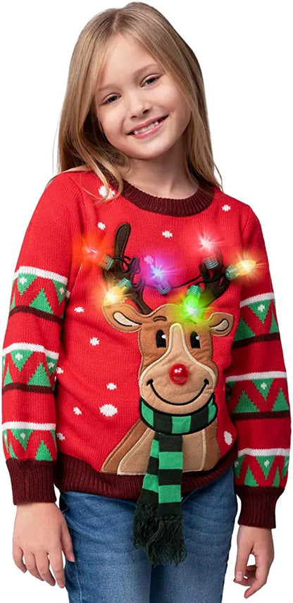 Kids Red LED Light-Up Reindeer Christmas Sweater