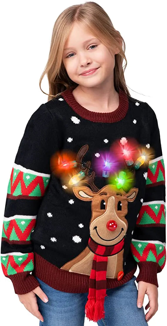 Kids' Reindeer Ugly Christmas Sweater - Black with Light Bulbs