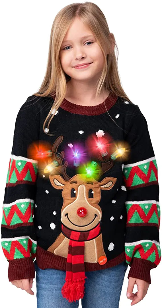 Kids' Reindeer Ugly Christmas Sweater - Black with Light Bulbs