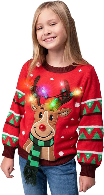 Kids Red LED Light-Up Reindeer Christmas Sweater