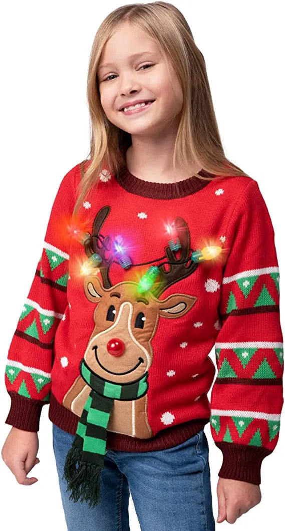 Kids Red LED Light-Up Reindeer Christmas Sweater