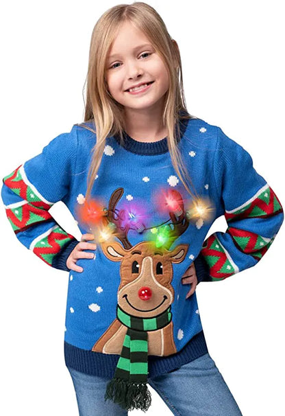 Kids' Blue Reindeer Ugly Christmas Sweater with Light Bulbs