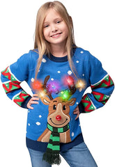 Kids' Blue Reindeer Ugly Christmas Sweater with Light Bulbs