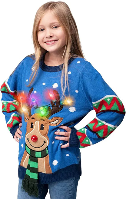 Kids' Blue Reindeer Ugly Christmas Sweater with Light Bulbs