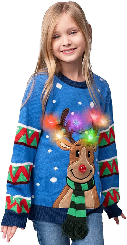 Kids' Blue Reindeer Ugly Christmas Sweater with Light Bulbs