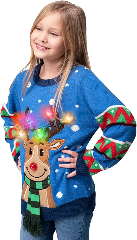 Kids' Blue Reindeer Ugly Christmas Sweater with Light Bulbs