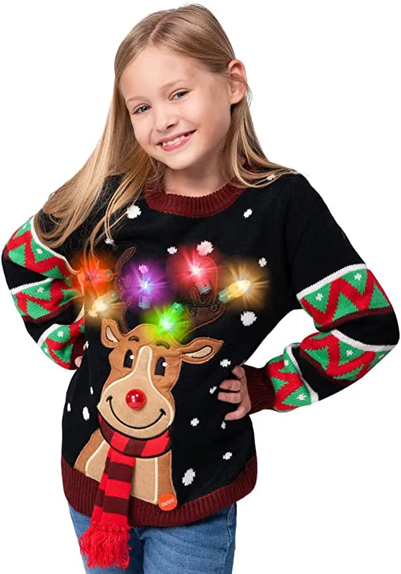 Kids' Reindeer Ugly Christmas Sweater - Black with Light Bulbs