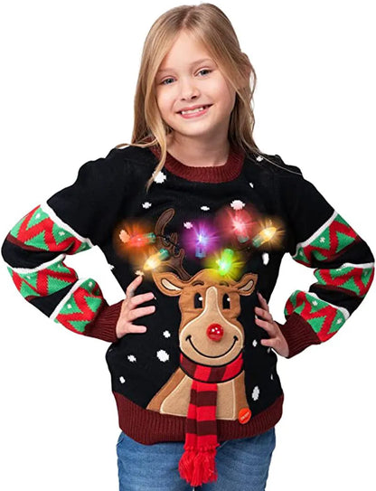 Kids' Reindeer Ugly Christmas Sweater - Black with Light Bulbs
