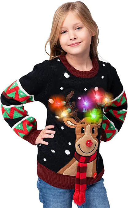 Kids' Reindeer Ugly Christmas Sweater - Black with Light Bulbs
