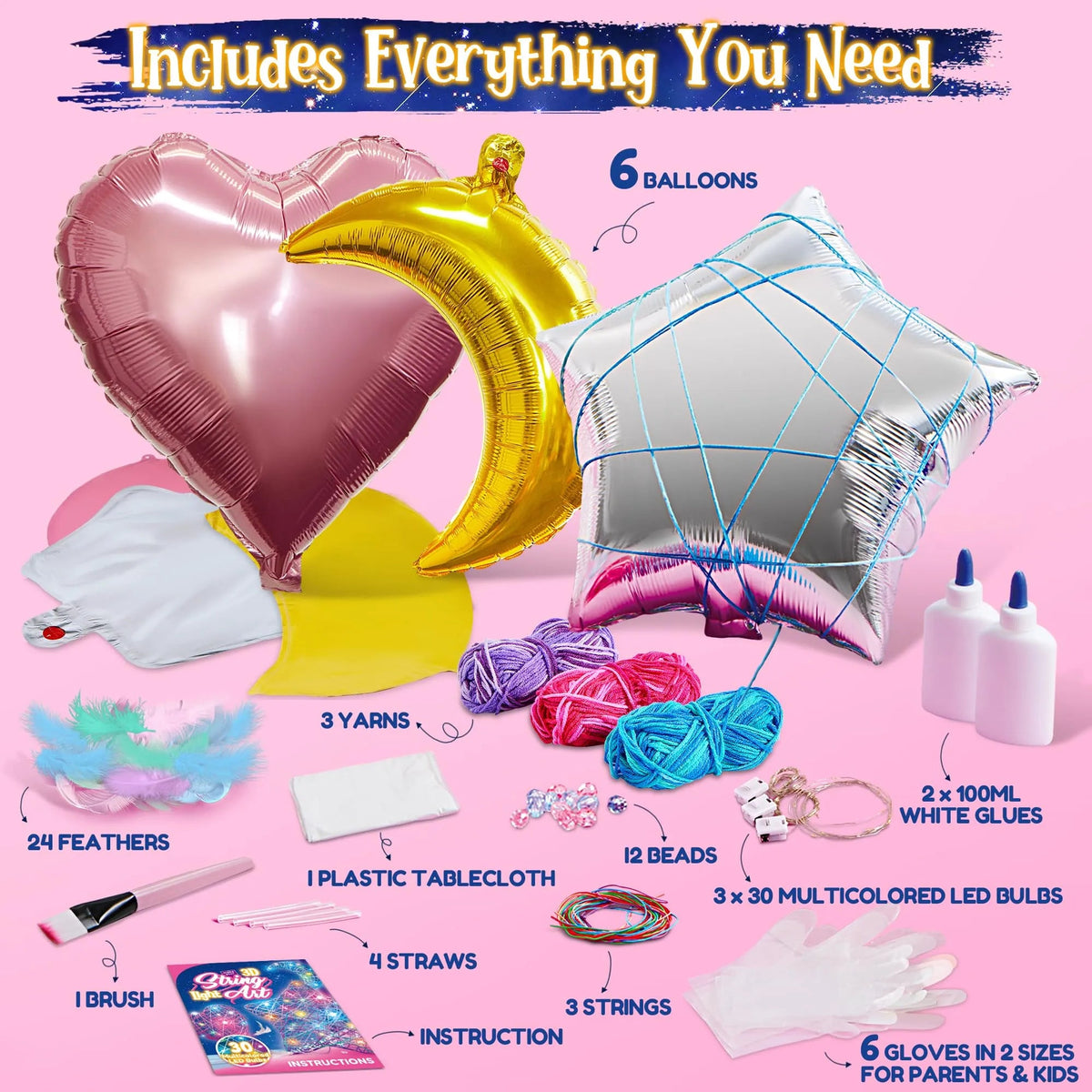 63-Piece 3D String Art Kit with 30 LED Bulbs and 6 Balloons
