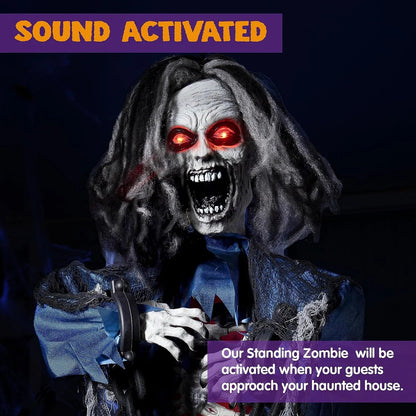 JOYIN 63-Inch Animated Standing Zombie Decoration with Chain for Halloween