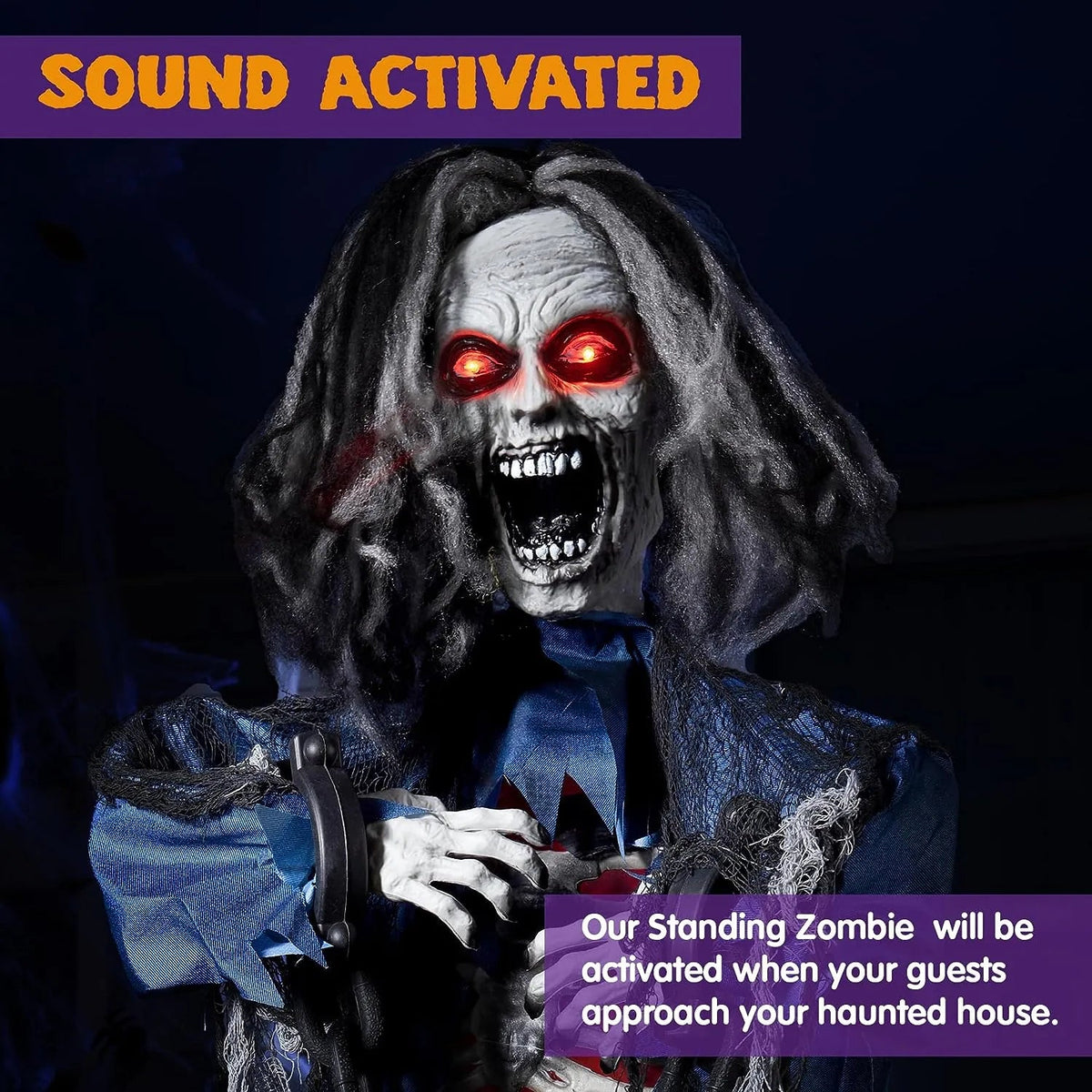 JOYIN 63-Inch Animated Standing Zombie Decoration with Chain for Halloween