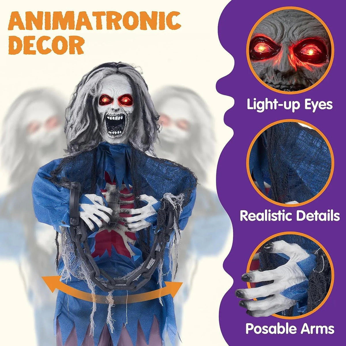 JOYIN 63-Inch Animated Standing Zombie Decoration with Chain for Halloween