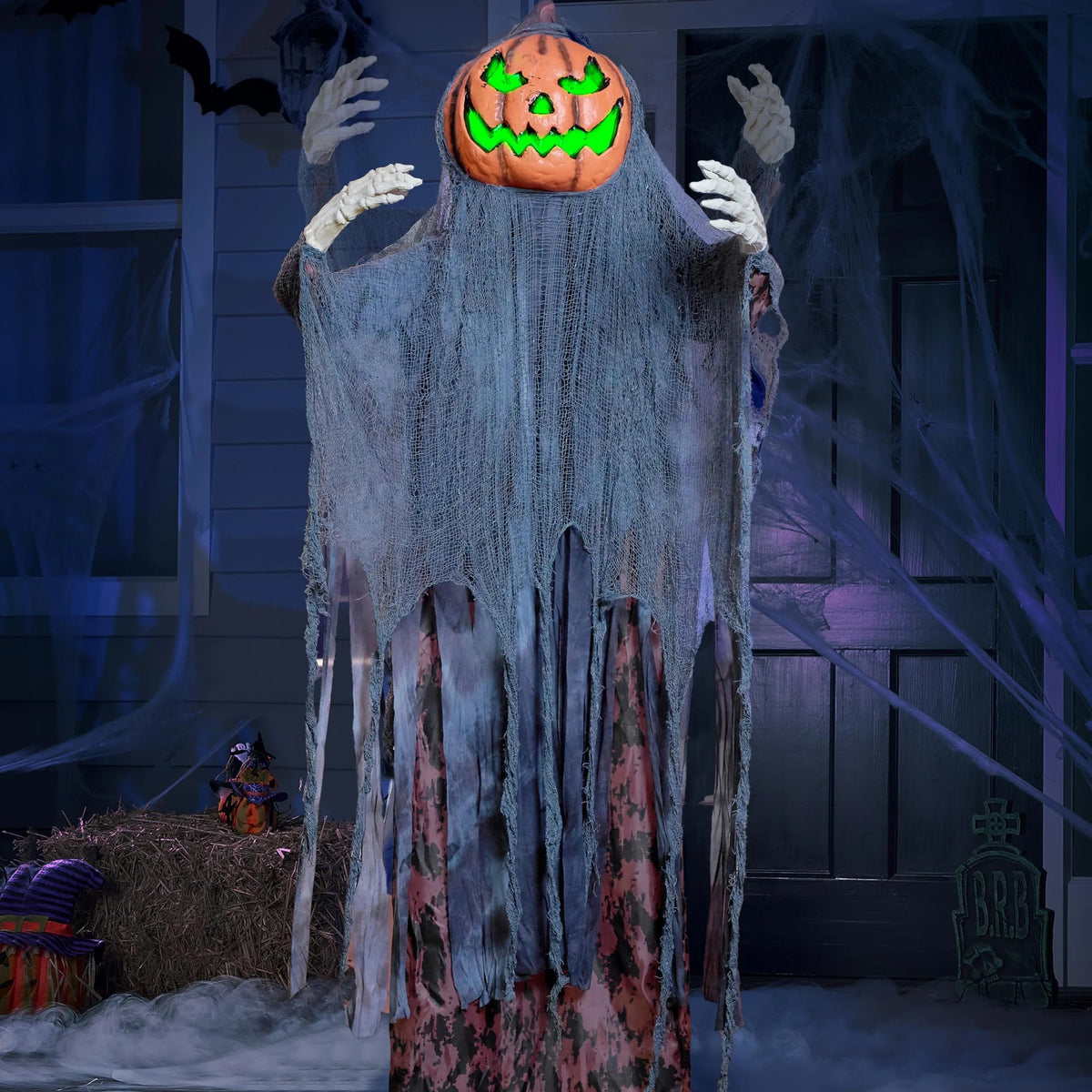 67-Inch Halloween Animatronic Standing Pumpkin Scarecrow Decoration