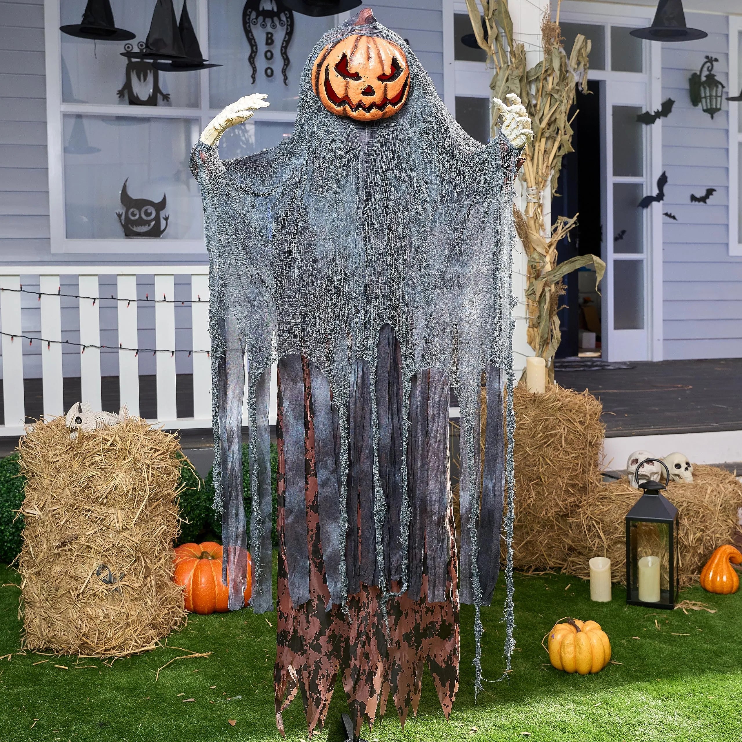 67-Inch Halloween Animatronic Standing Pumpkin Scarecrow Decoration