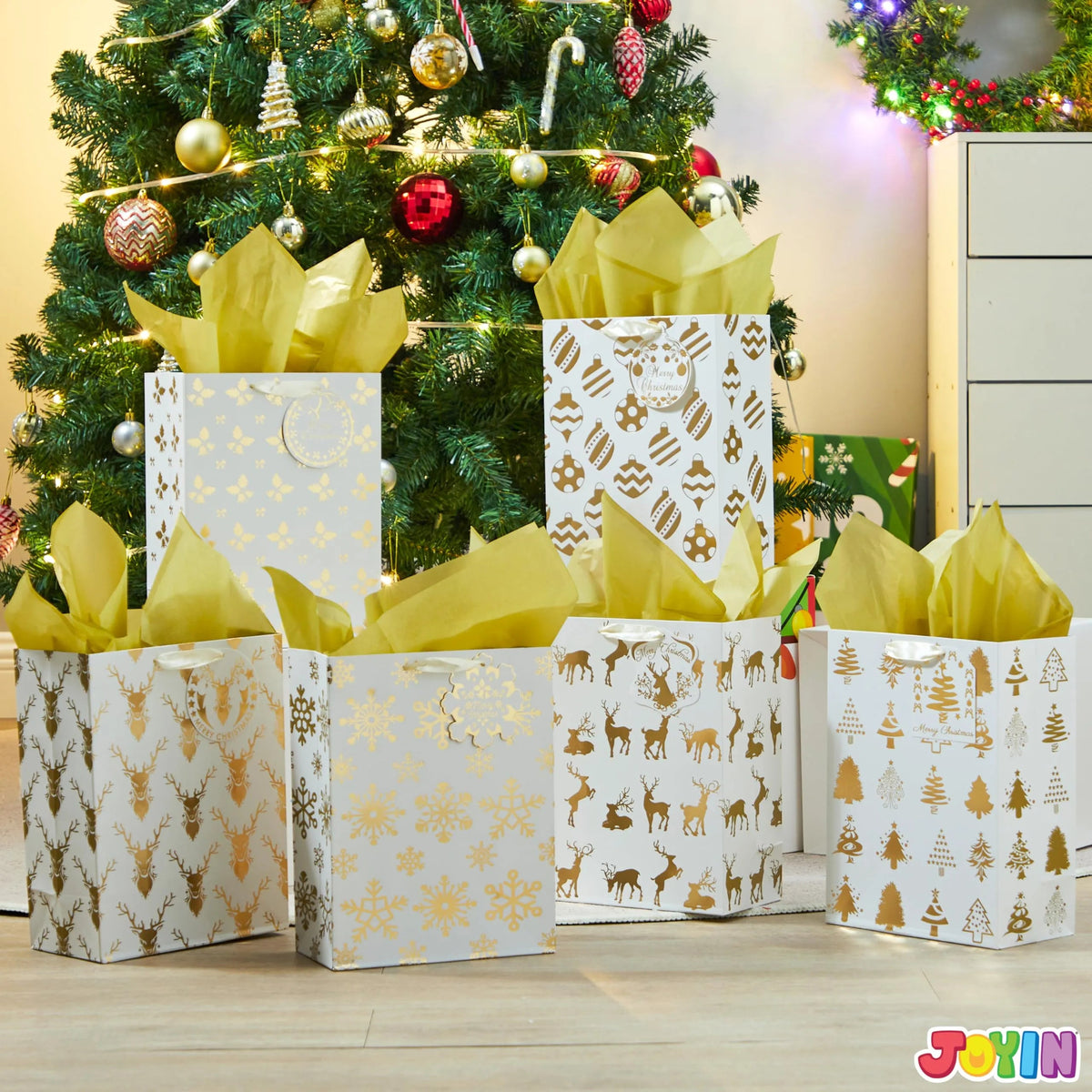6 Pack Christmas Holiday Foil Gift Bags - Gold, 8 x 4.5 x 10.5 Inches