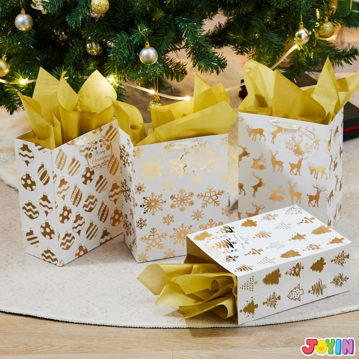 6 Pack Christmas Holiday Foil Gift Bags - Gold, 8 x 4.5 x 10.5 Inches