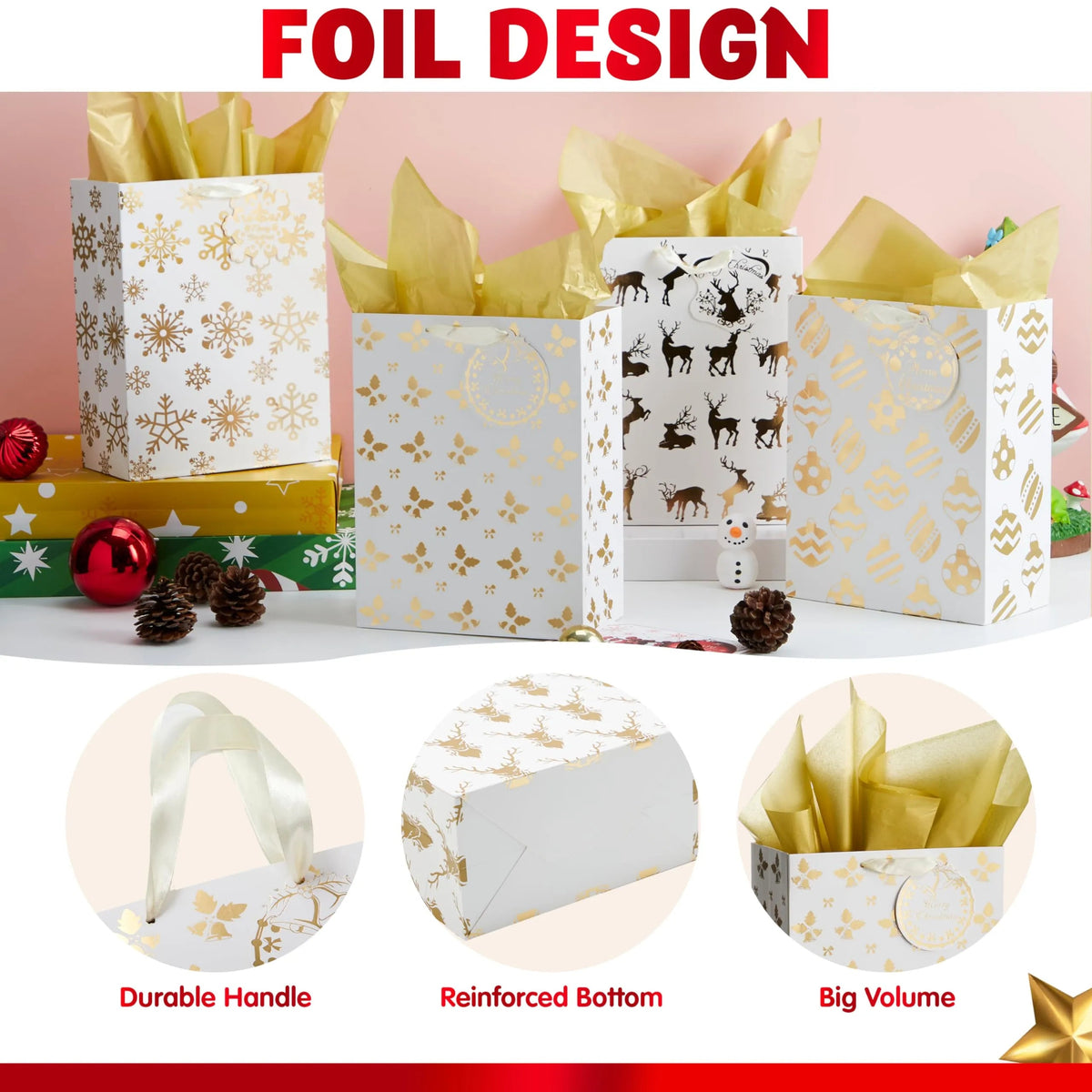 6 Pack Christmas Holiday Foil Gift Bags - Gold, 8 x 4.5 x 10.5 Inches