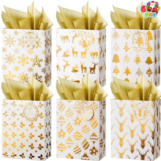 6 Pack Christmas Holiday Foil Gift Bags - Gold, 8 x 4.5 x 10.5 Inches