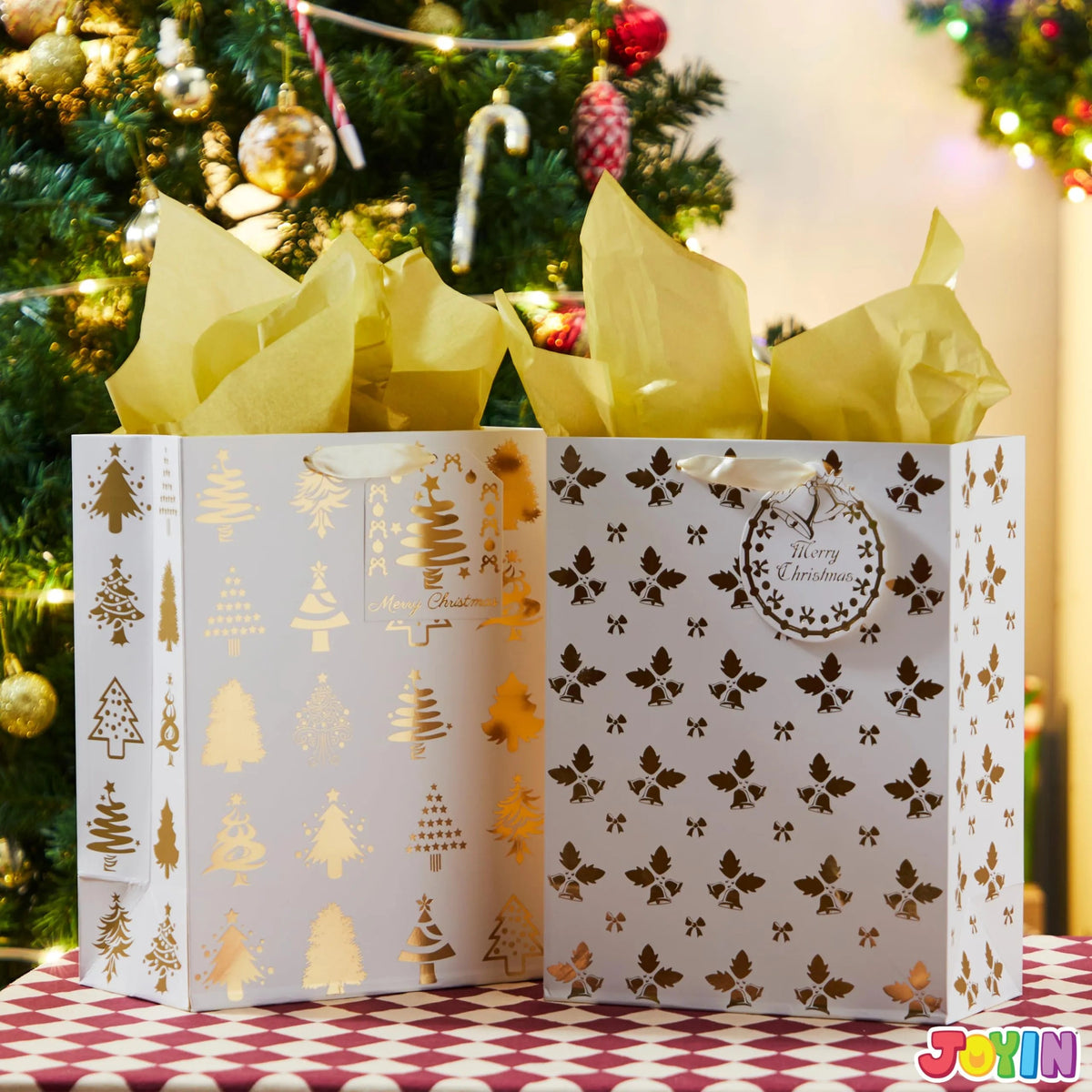 6 Pack Christmas Holiday Foil Gift Bags - Gold, 8 x 4.5 x 10.5 Inches