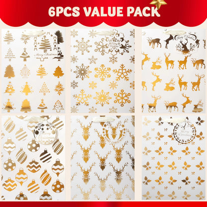 6 Pack Christmas Holiday Foil Gift Bags - Gold, 8 x 4.5 x 10.5 Inches