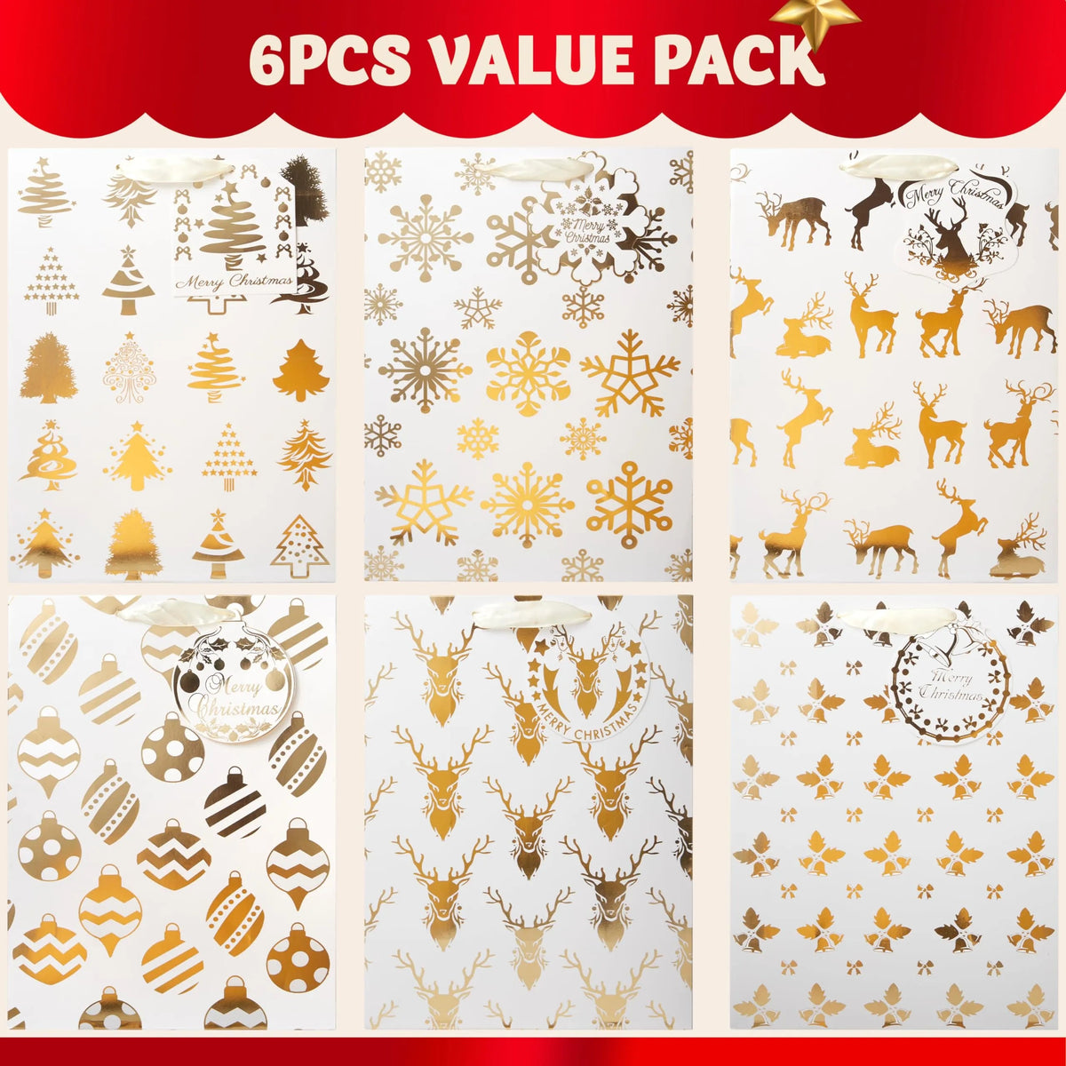6 Pack Christmas Holiday Foil Gift Bags - Gold, 8 x 4.5 x 10.5 Inches