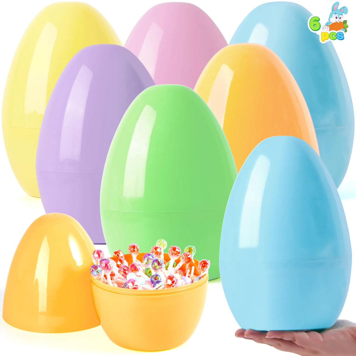 6 Pastel Jumbo Plastic Easter Eggs - Fillable for Hunt & Party Favors