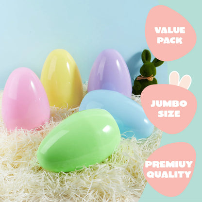 6 Pastel Jumbo Plastic Easter Eggs - Fillable for Hunt & Party Favors