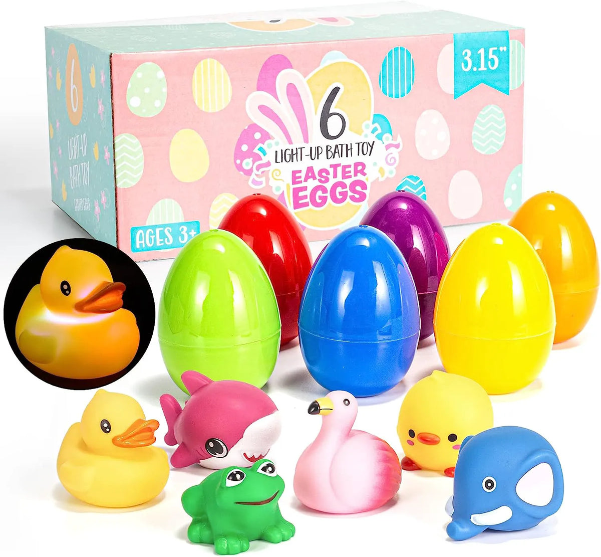 6-Pack Light-Up Bath Toys with 3.2-Inch Prefilled Easter Eggs for Egg Hunts