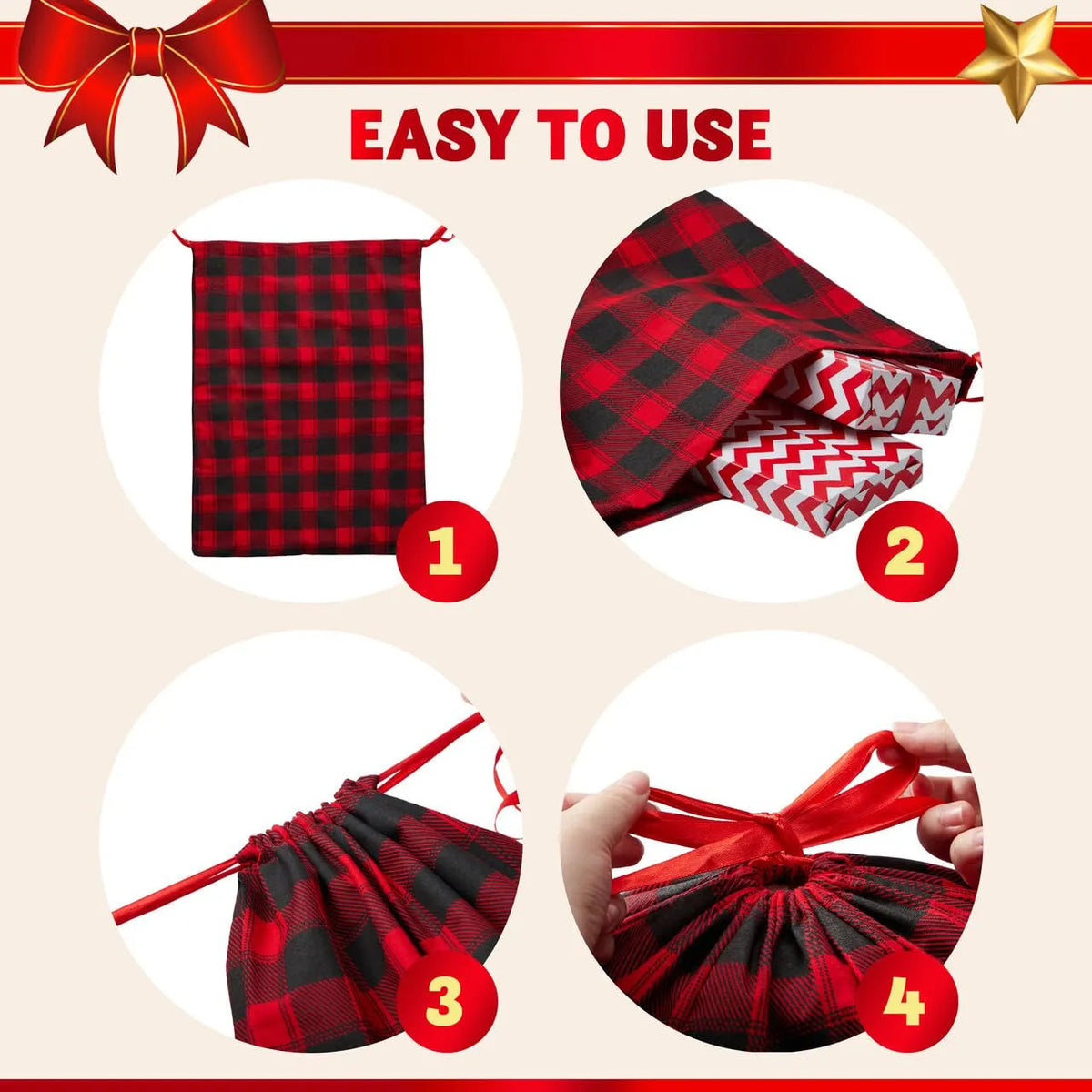 6-Pack Reusable Christmas Fabric Drawstring Gift Bags (19 x 14.5 Inches)
