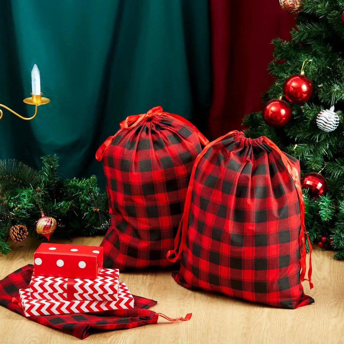6-Pack Reusable Christmas Fabric Drawstring Gift Bags (19 x 14.5 Inches)