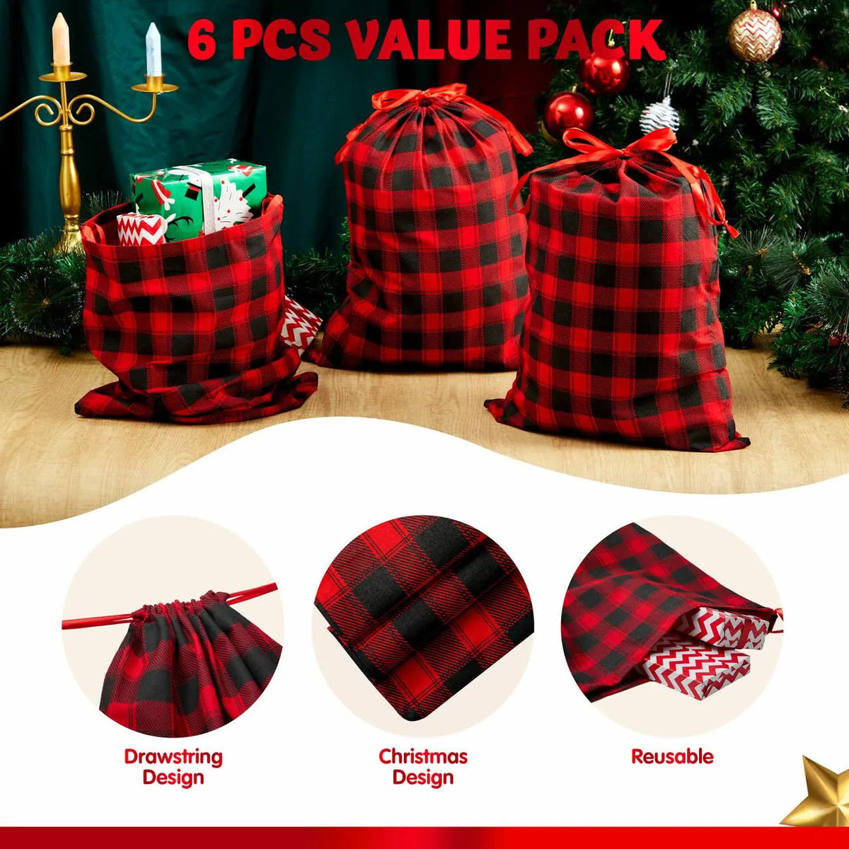 6-Pack Reusable Christmas Fabric Drawstring Gift Bags (19 x 14.5 Inches)