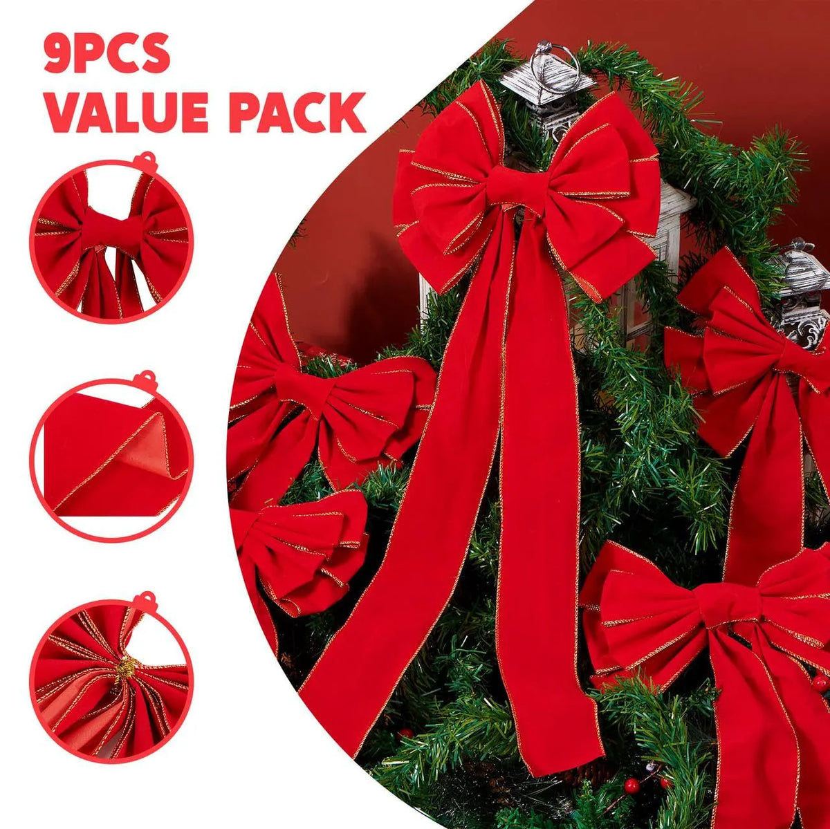 9-Piece Large Red Velvet Christmas Bows