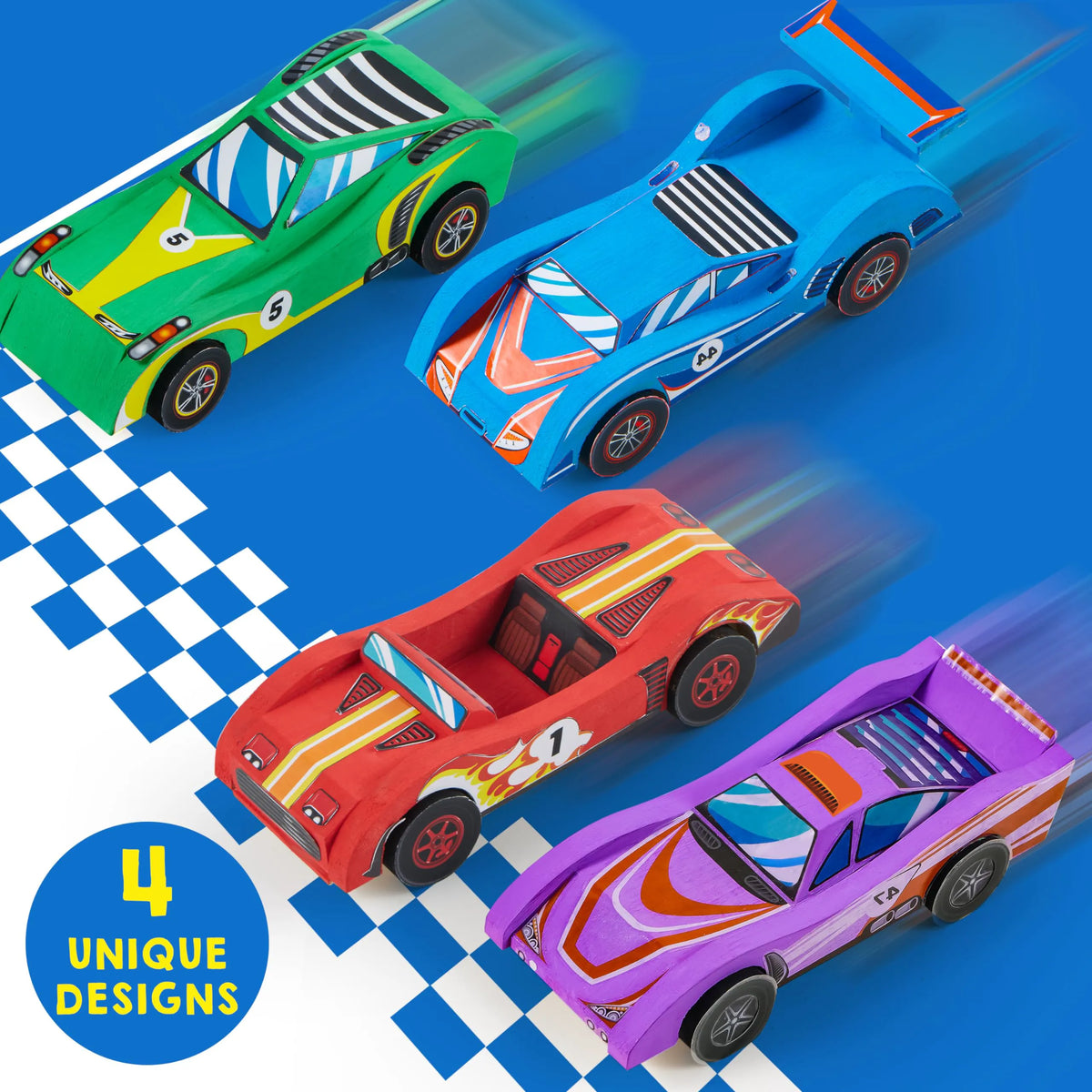 4 DIY Wooden Race Cars - Build & Paint Your Own Wood Craft Kit