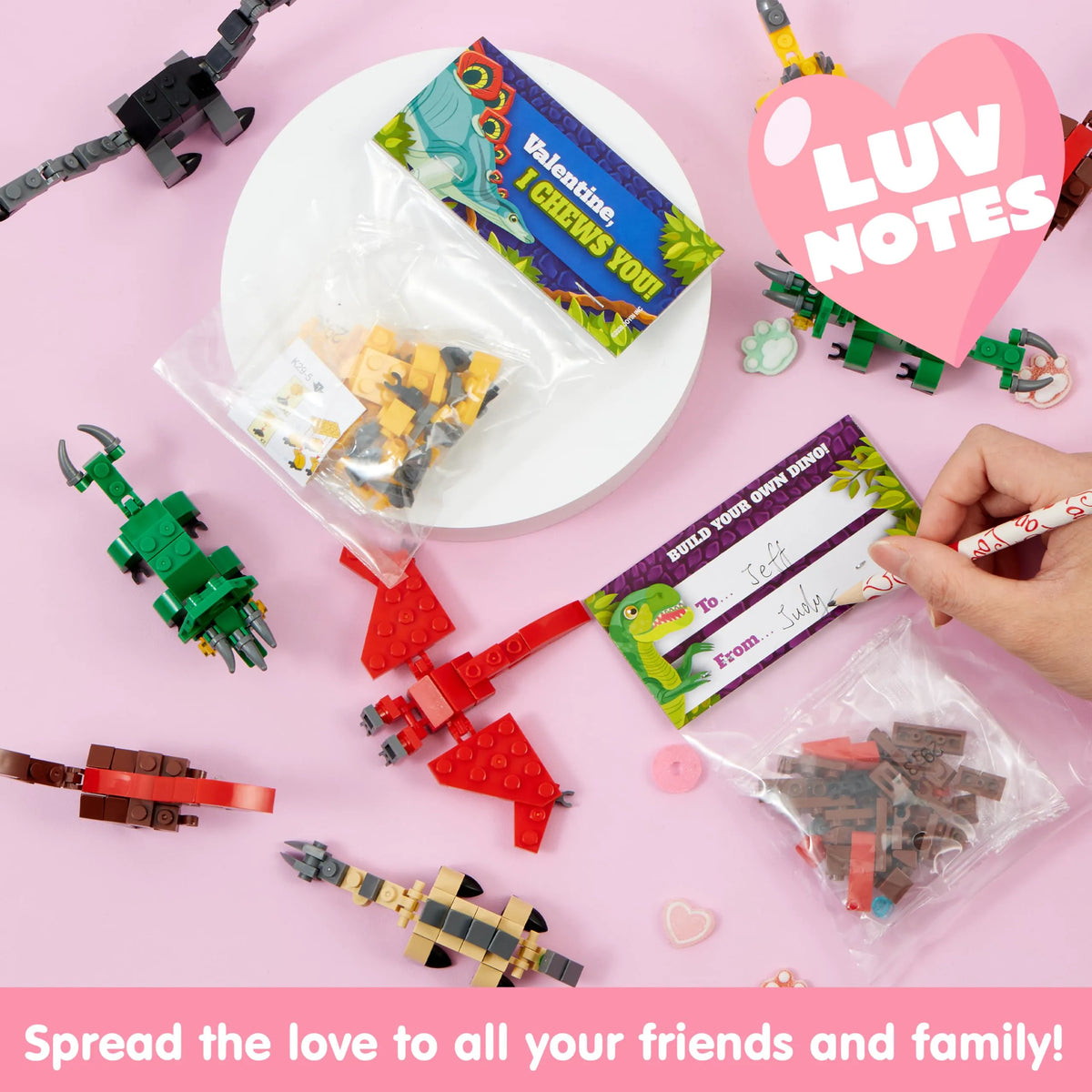 24 Pack Valentine's Day Cards with Dinosaur Building Blocks for Gifts and Party Favors