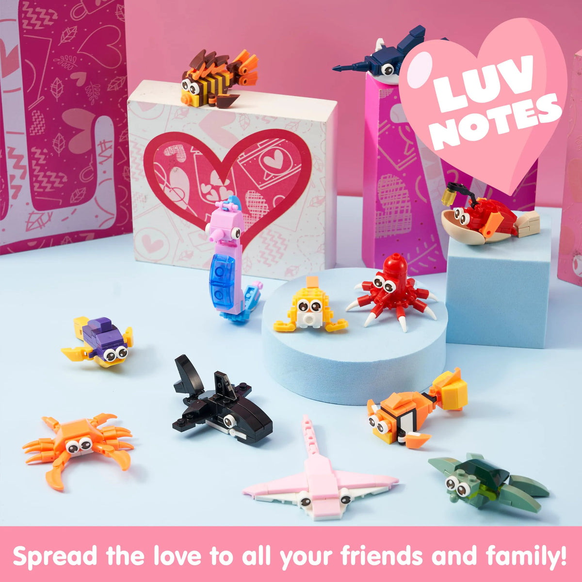 24 Pack Valentine's Day Cards with Ocean Animal Building Blocks for Party Gifts