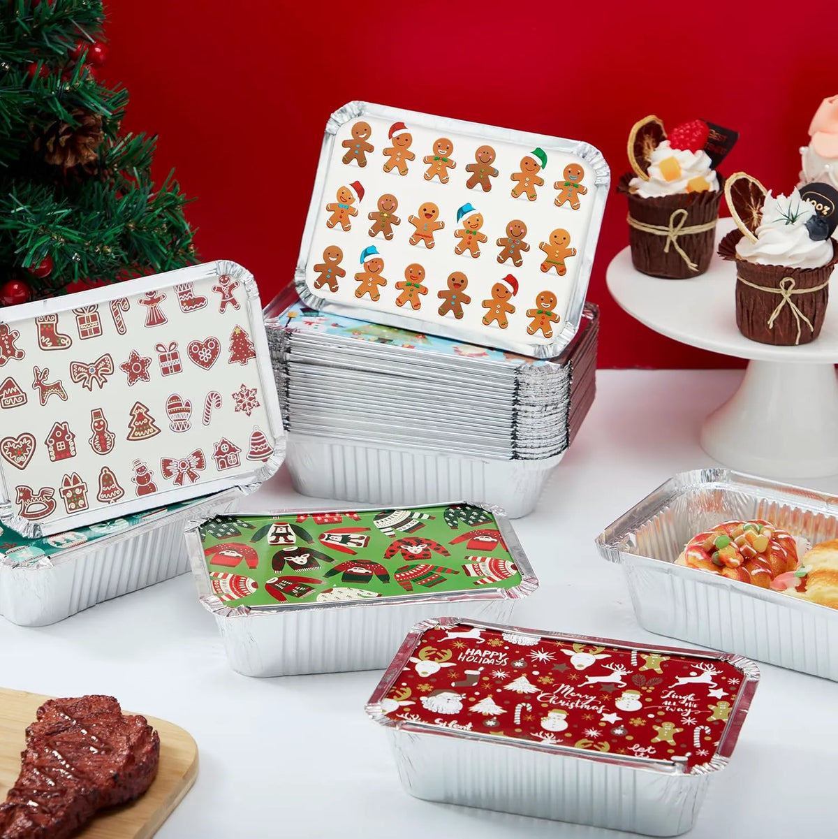 48-Pack Christmas Foil Containers with Lids (8.5"x6"x2" Rectangular)