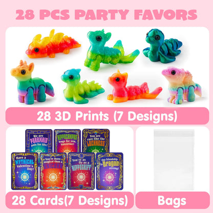 28 Pcs Kids Valentine's Day Cards with 3D Printed Mythical Creatures Toys