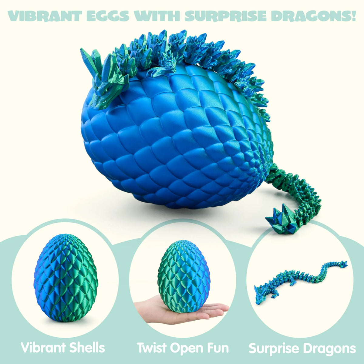 3D Printed Dragon Egg with 12" Laser Blue-Green Dragon Inside