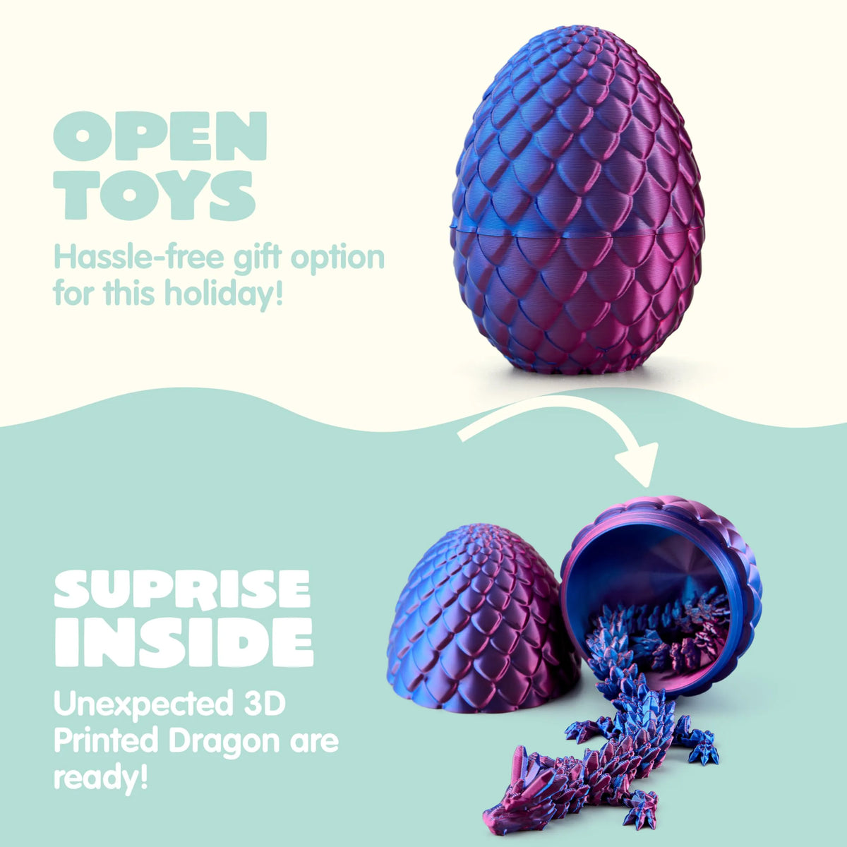 4 Pack 3D Printed Dragon Eggs with Laser Dragon - Articulated Fidget Toys for Kids