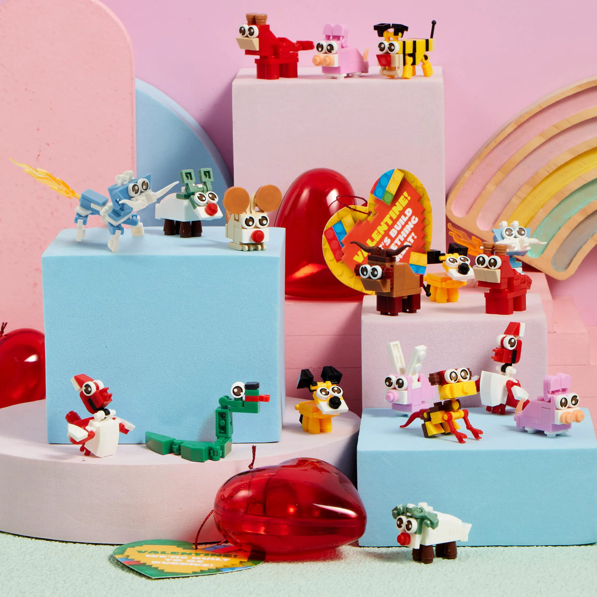 26-Piece Animal Building Blocks with Prefilled Hearts and Kids' Valentine Cards
